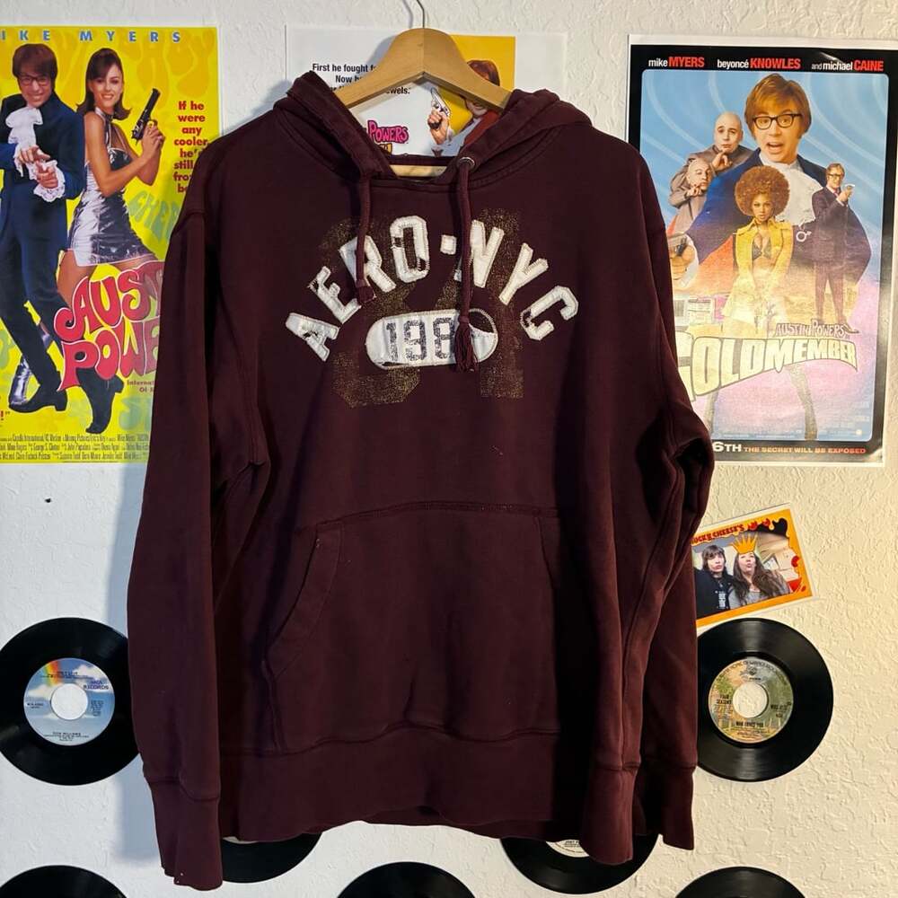 Aeropostale Aero NYC 1987 Hoodie Size Large Burgundy Pullover Sweatshirt